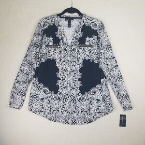 INC International Concepts Woman OX Black White Lace Print V Neck Zip Pocket NWT